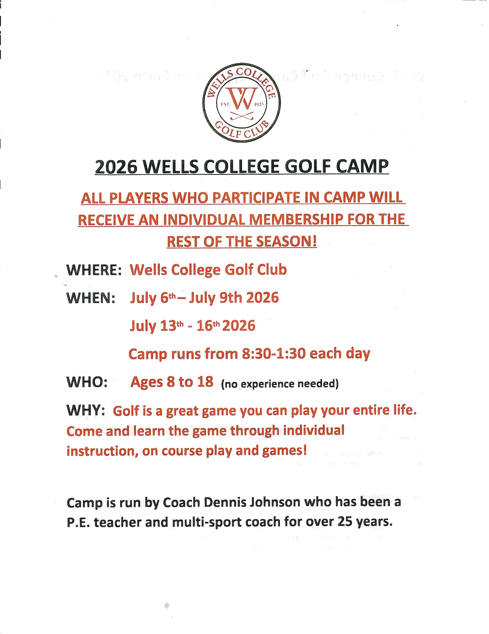 Wells Golf Camp 2026