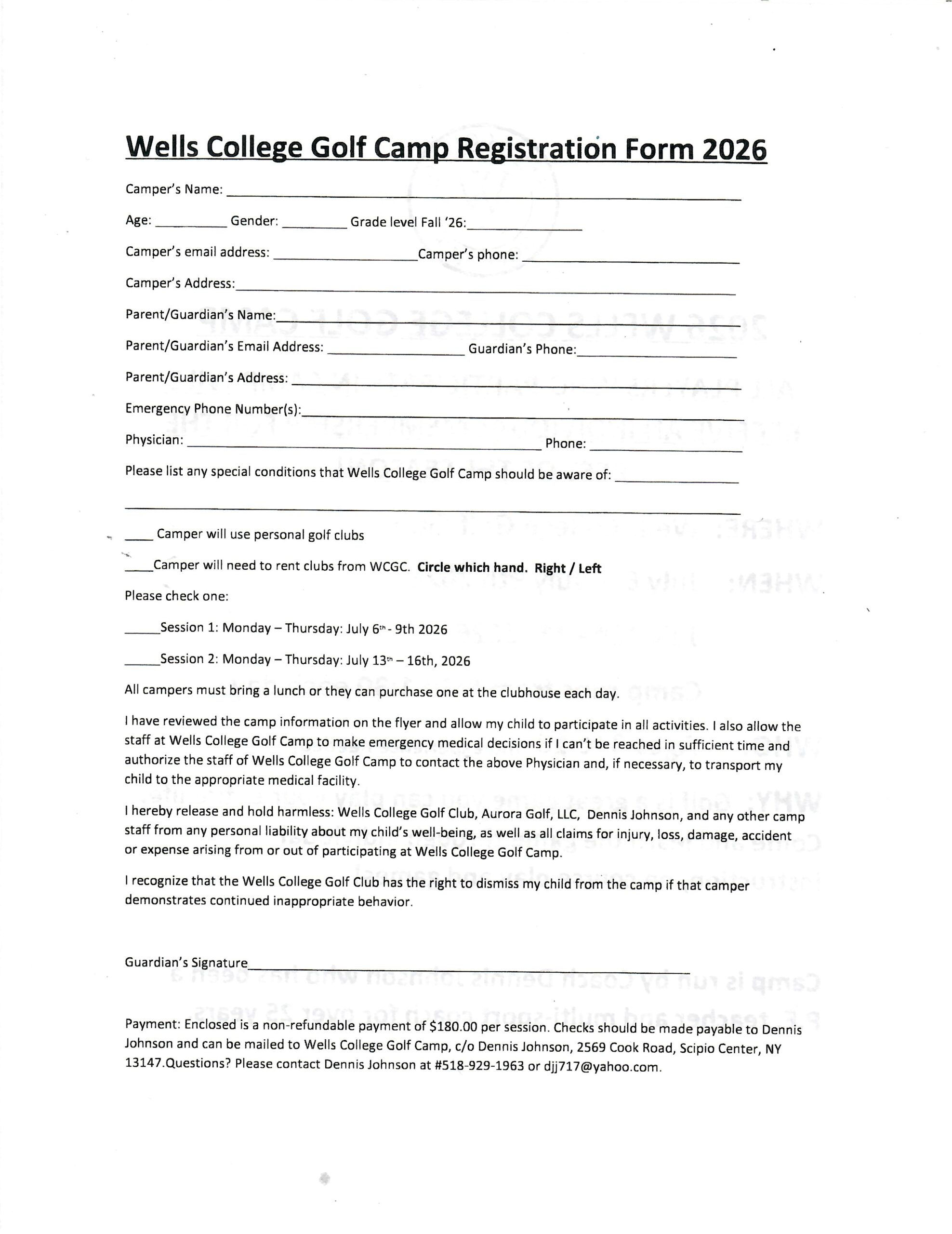 <Click to Print> 2026 Wells Golf Camp Registration Form